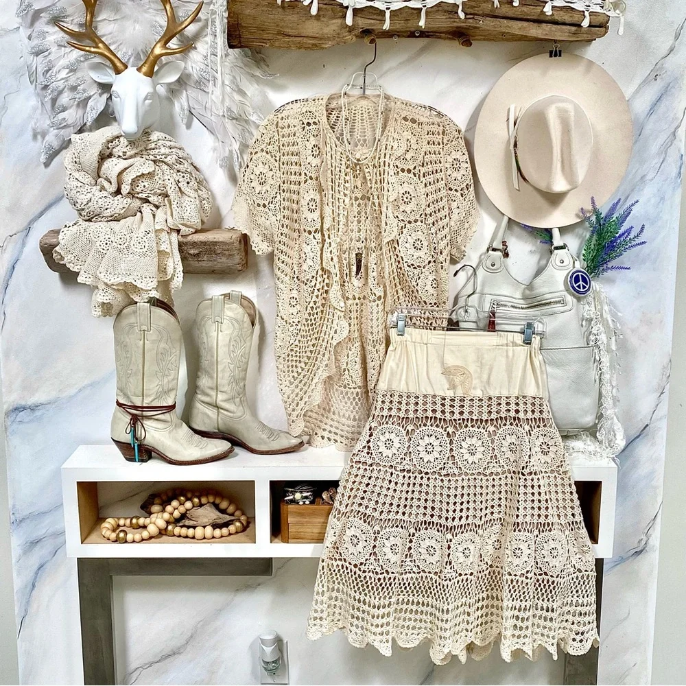 Artisan Crochet set boho lace set skirt/cardi shabby chic prairie Country vibel - Picture 10 of 16